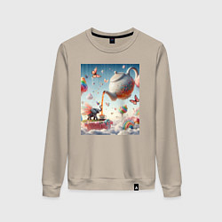 Свитшот хлопковый женский Чаепитие крылатого слона - психоделика, цвет: миндальный