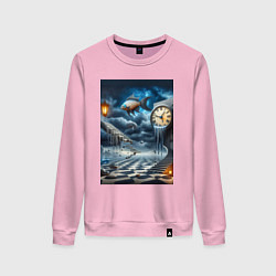 Свитшот хлопковый женский Психоделический пейзаж с часами и рыбой, цвет: светло-розовый