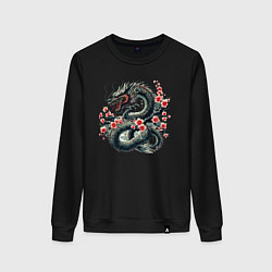 Свитшот хлопковый женский Japanese dragon and sakura - irezumi, цвет: черный