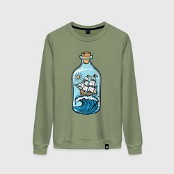 Свитшот хлопковый женский Парусник в бутылке, цвет: авокадо