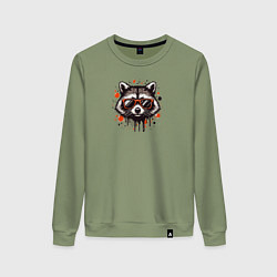 Свитшот хлопковый женский Голова енота с брызгами краски, цвет: авокадо