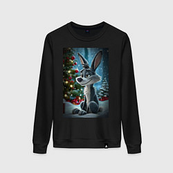 Свитшот хлопковый женский Серый волк у елочки, цвет: черный