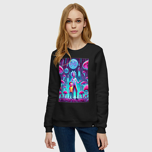 Женский свитшот Rick and Morty among neon mushrooms - ai art fanta / Черный – фото 3