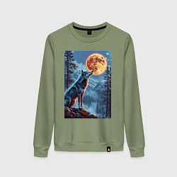 Свитшот хлопковый женский Волк и луна, цвет: авокадо