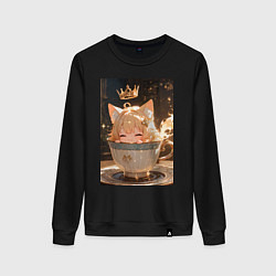 Свитшот хлопковый женский Кошечка с короной в чашке, цвет: черный