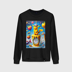 Свитшот хлопковый женский Funny Pikachu and fishes - surrealism, цвет: черный