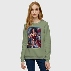 Свитшот хлопковый женский Чудо-женщина на крыше с городским фоном, цвет: авокадо — фото 2