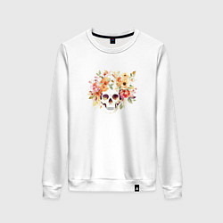 Свитшот хлопковый женский Акварельный череп с цветами, цвет: белый