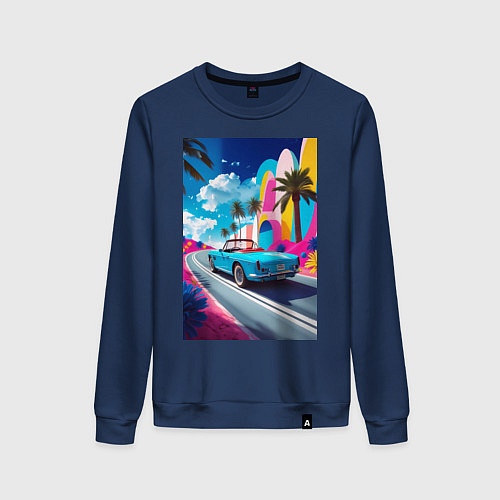 Женский свитшот Кабриолет едет по тропическому острову / Тёмно-синий – фото 1