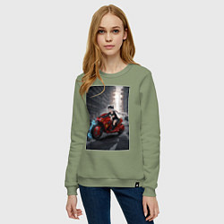 Свитшот хлопковый женский Shiroko лиса на футуристичном мотоцикле, цвет: авокадо — фото 2