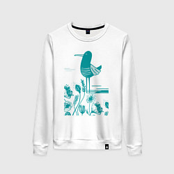 Свитшот хлопковый женский Птичка и цветы в голубом, цвет: белый