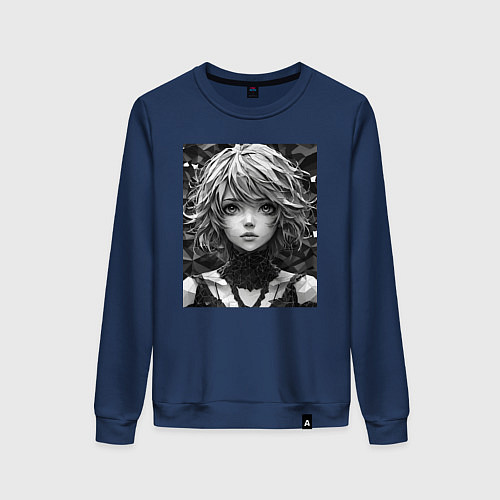 Женский свитшот Аниме портрет девушки в черно-белом цвете / Тёмно-синий – фото 1