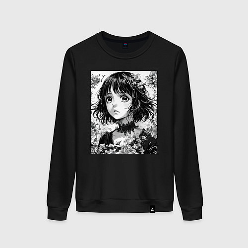 Женский свитшот Аниме девушка портрет черно-белый / Черный – фото 1