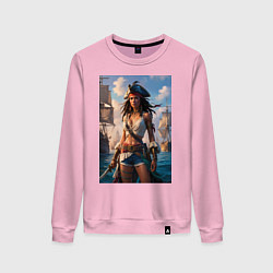 Свитшот хлопковый женский Пиратка на фона флотилии кораблей, цвет: светло-розовый