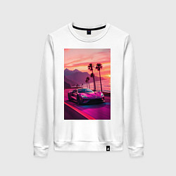 Свитшот хлопковый женский Суперкар едет около океана, цвет: белый