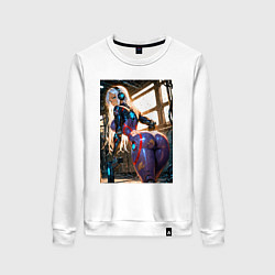 Свитшот хлопковый женский Девушка с оружием в киберпанк стиле, цвет: белый