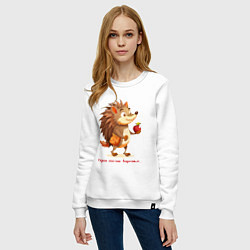 Свитшот хлопковый женский Ёж с яблоком, цвет: белый — фото 2