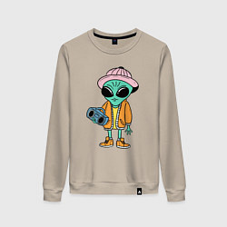 Свитшот хлопковый женский Инопланетянин с магнитофоном, цвет: миндальный