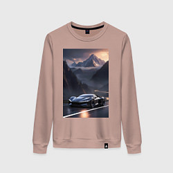 Свитшот хлопковый женский Черный суперкар едет по горной дороге, цвет: пыльно-розовый