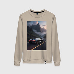 Свитшот хлопковый женский Черный суперкар едет по горной дороге, цвет: миндальный