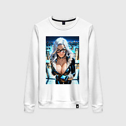 Свитшот хлопковый женский Черная кошка с брилиантом на крыше здания, цвет: белый