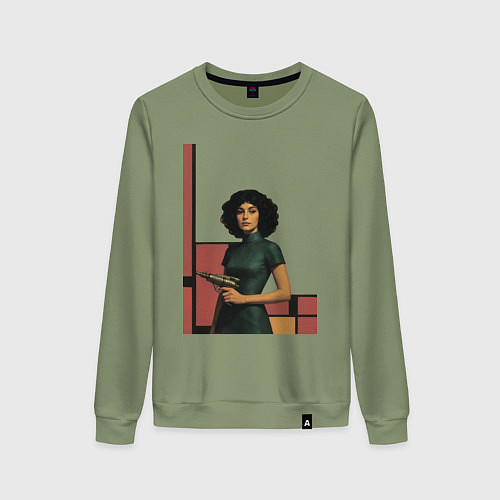 Женский свитшот Ретрофутуризм девушка с бластером поп-арт 1970-е / Авокадо – фото 1