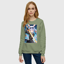 Свитшот хлопковый женский Крольчиха Пекора с мечем, цвет: авокадо — фото 2
