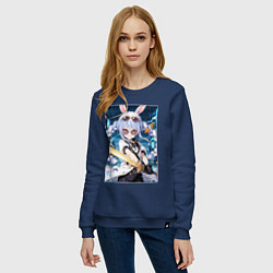 Свитшот хлопковый женский Кролик в очках с мечем, цвет: тёмно-синий — фото 2