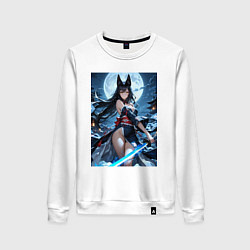 Свитшот хлопковый женский Черная лиса с мечем на фоне полнолуния, цвет: белый