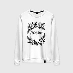 Свитшот хлопковый женский Зимний рождественский венок, цвет: белый