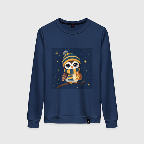 Женский свитшот Сова в шапке и шарфе с фонарём / Тёмно-синий – фото 1