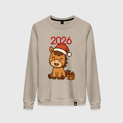 Свитшот хлопковый женский Лошадка с подарком, цвет: миндальный