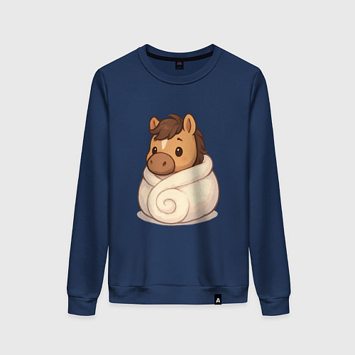 Женский свитшот Лошадка укутанная в плед / Тёмно-синий – фото 1