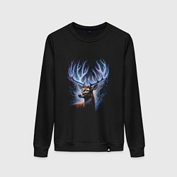 Свитшот хлопковый женский Мистический олень с сияющими рогами, цвет: черный