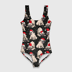Купальник-боди 3D женский Новогодние мопсы, цвет: 3D-принт