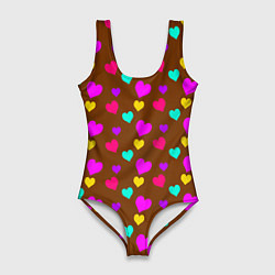 Купальник-боди 3D женский Сердечки разноцветные, цвет: 3D-принт