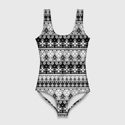Купальник-боди 3D женский Черно-белый орнамент, цвет: 3D-принт