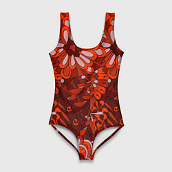 Женский купальник-боди Красные цветы абстракция