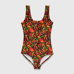 Женский купальник-боди Желтые и красные цветы, птицы и ягоды хохлома