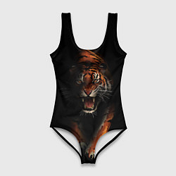 Купальник-боди 3D женский Тигр на черном фоне, цвет: 3D-принт