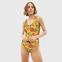Купальник-боди 3D женский Оранжевая хохлома, цвет: 3D-принт — фото 2