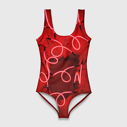 Купальник-боди 3D женский Неоновые закрученные фонари - Красный, цвет: 3D-принт