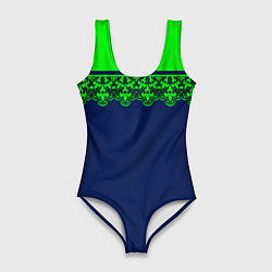 Купальник-боди 3D женский Green Lace Зеленое кружево на темном синем фоне, цвет: 3D-принт