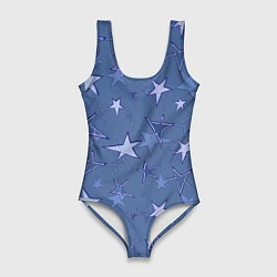 Купальник-боди 3D женский Gray-Blue Star Pattern, цвет: 3D-принт