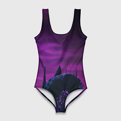 Купальник-боди 3D женский Ночное сияние в тёмном лесу - Фиолетовый, цвет: 3D-принт