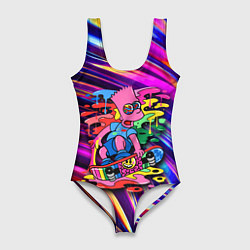 Женский купальник-боди Скейтбордист Барт Симпсон на фоне разноцветных кля