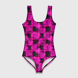 Купальник-боди 3D женский Black and pink hearts pattern on checkered, цвет: 3D-принт
