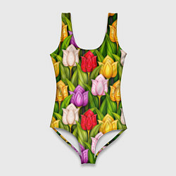 Женский купальник-боди Объемные разноцветные тюльпаны