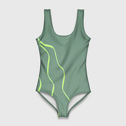 Купальник-боди 3D женский Абстрактные зеленые линии на фоне цвета хаки, цвет: 3D-принт