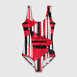 Женский купальник-боди Красный, черный и белый горошек и полоска, пэчворк